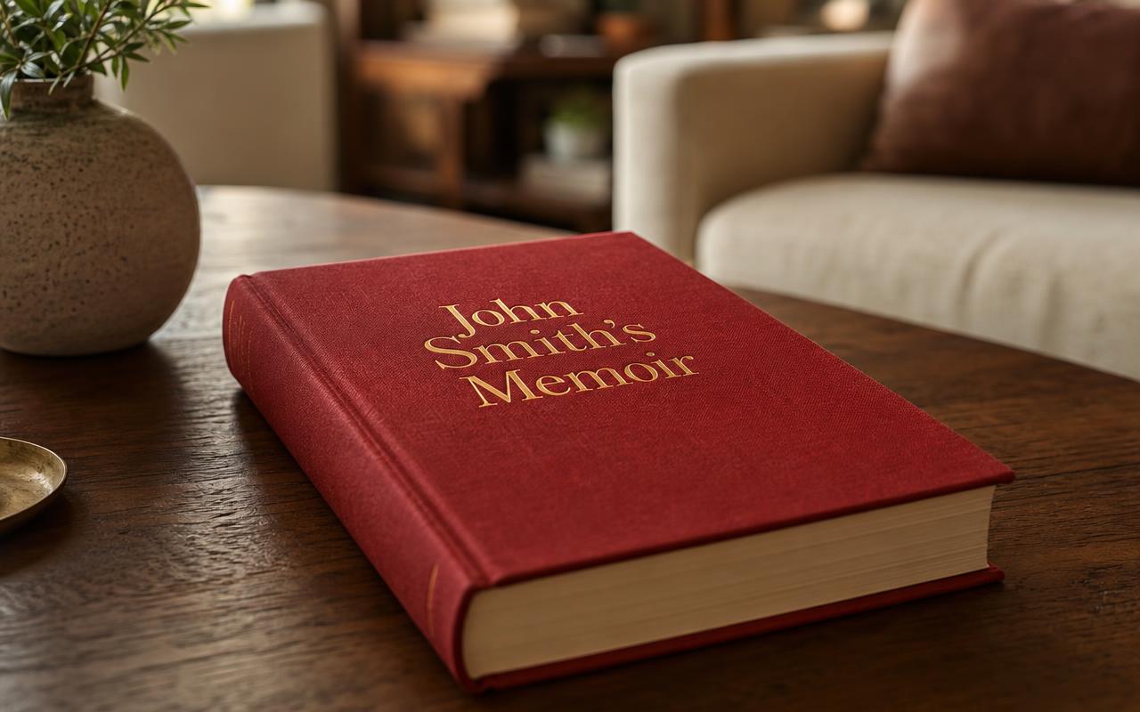 A red hardback memoir with gold lettering resting on a coffee table