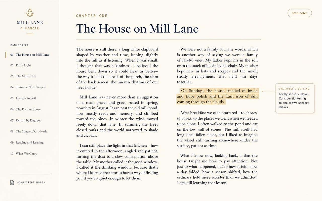 A chapter open for reading and editing, with a margin note beside a highlighted line