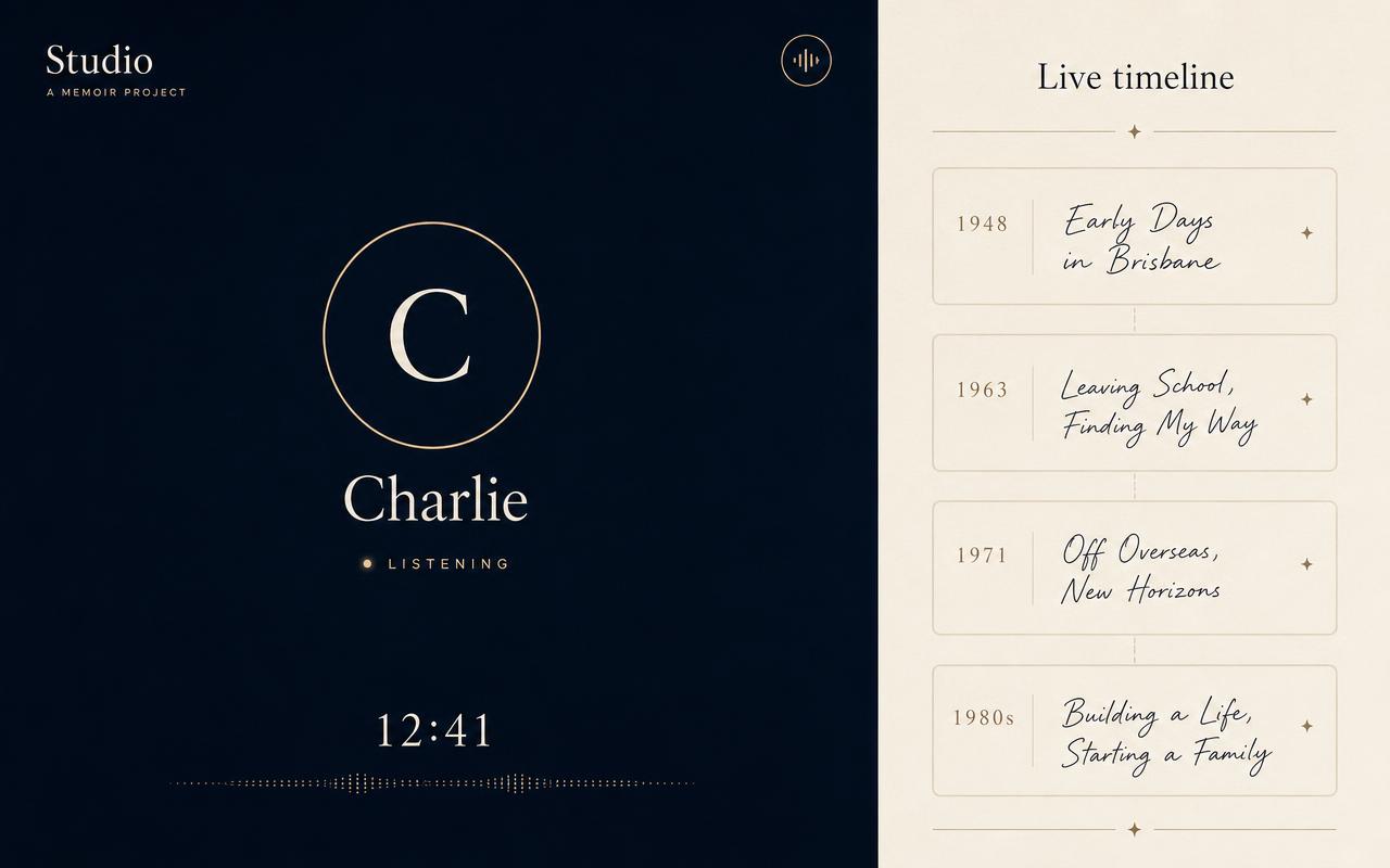 The studio during a session with Charlie — a calm call screen with your timeline building alongside